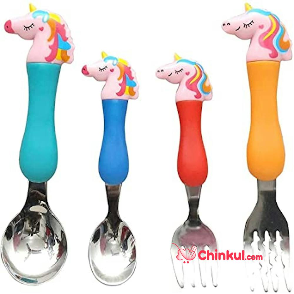 The Neon Stainless Steel Unicorn Spoon And Fork Cutlery Set With Comfortable Handle For Boys And Girls (Set Of 4) Multicolor - (2 Fork + 2 Spoon)  