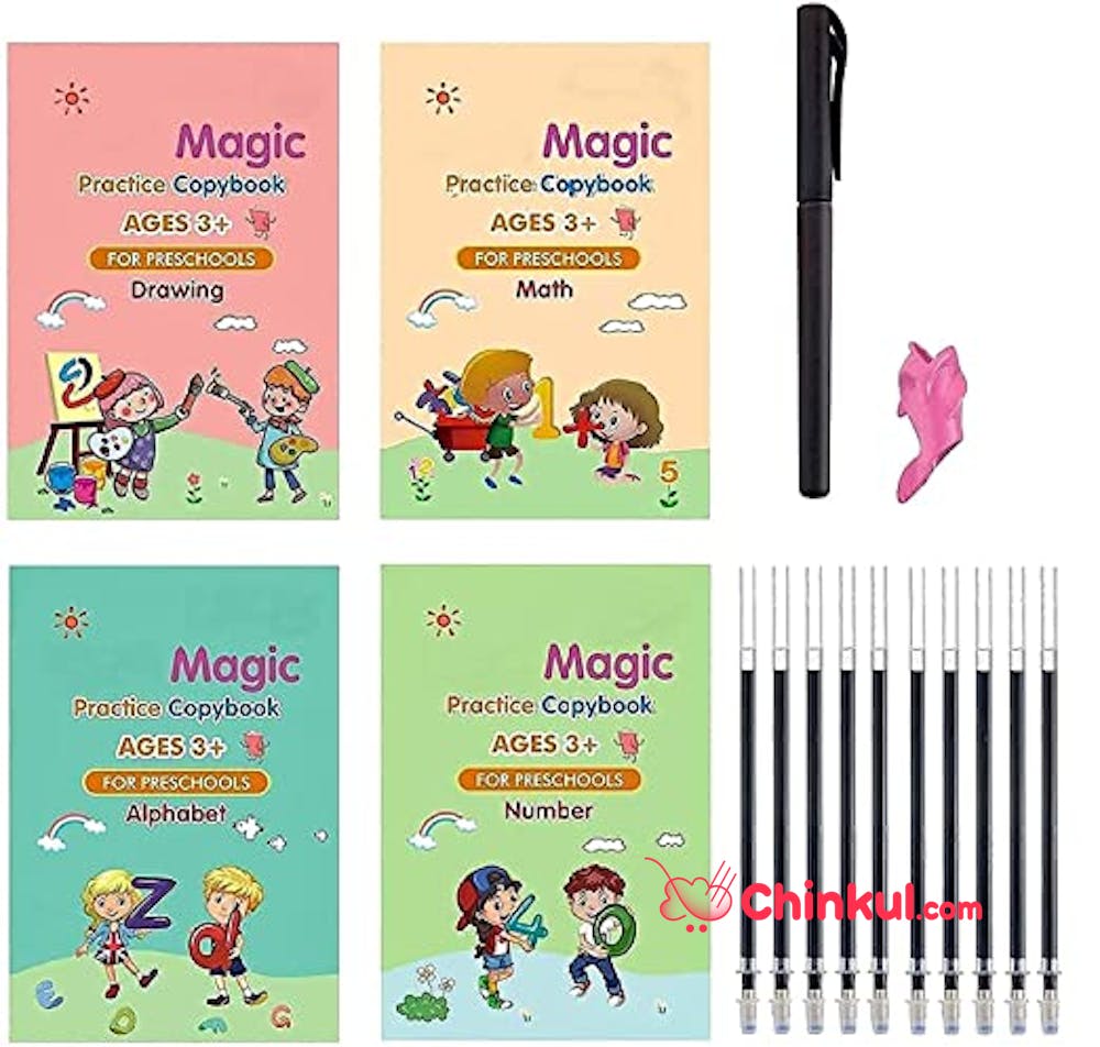 THE NEON- Sank Magic Practice Copybook (4 Books,& Refill), Number Tracing Book For Preschoolers With Pen, Magic Calligraphy Copybook Set Practical Reusable